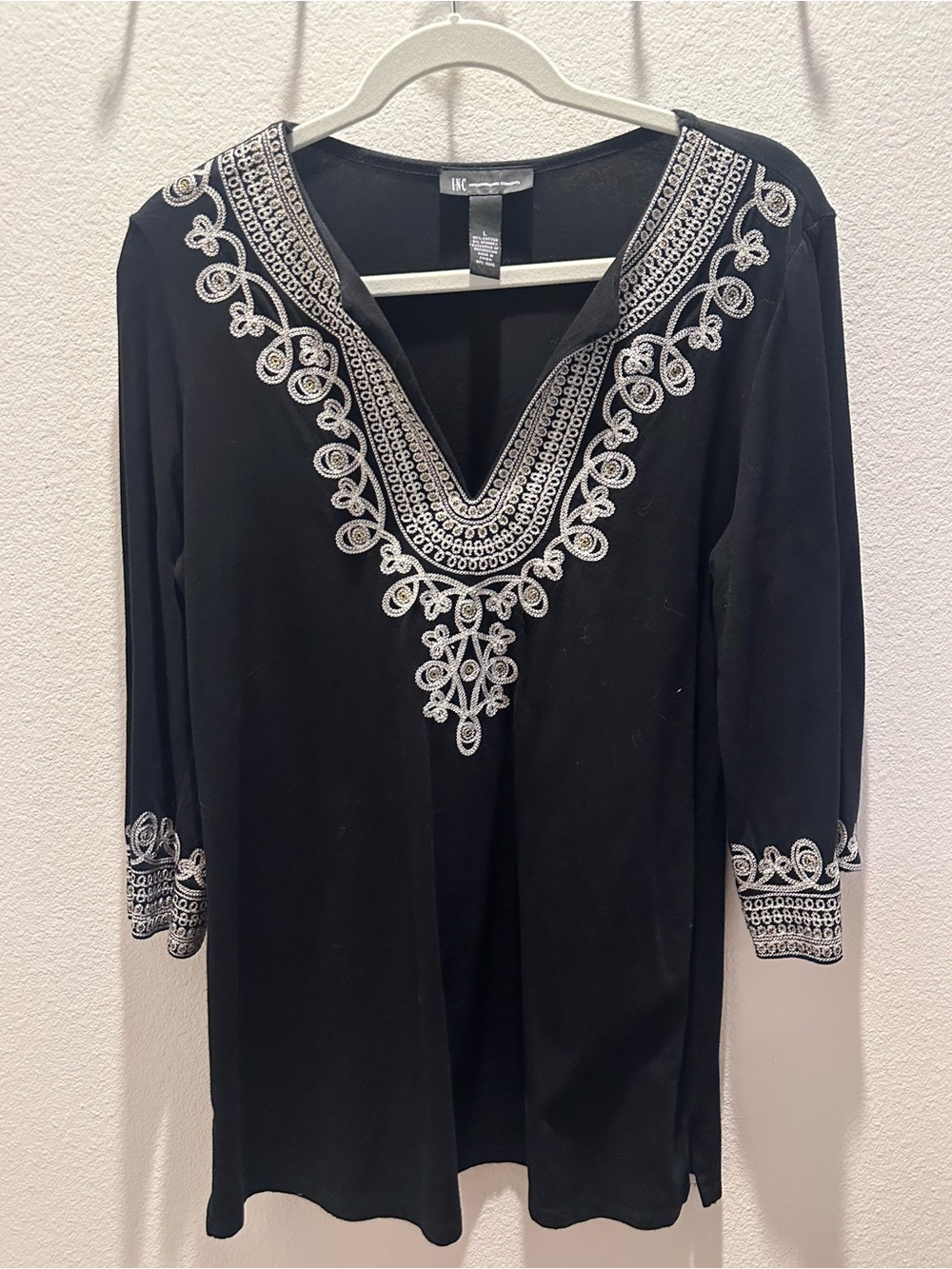 INC International Concepts Black Tunic with White Embroidery V-Neck